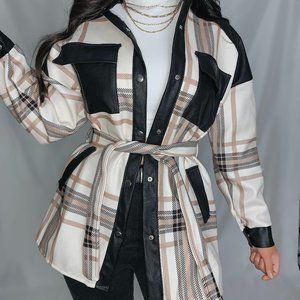 Cream Plaid Belted Jacket